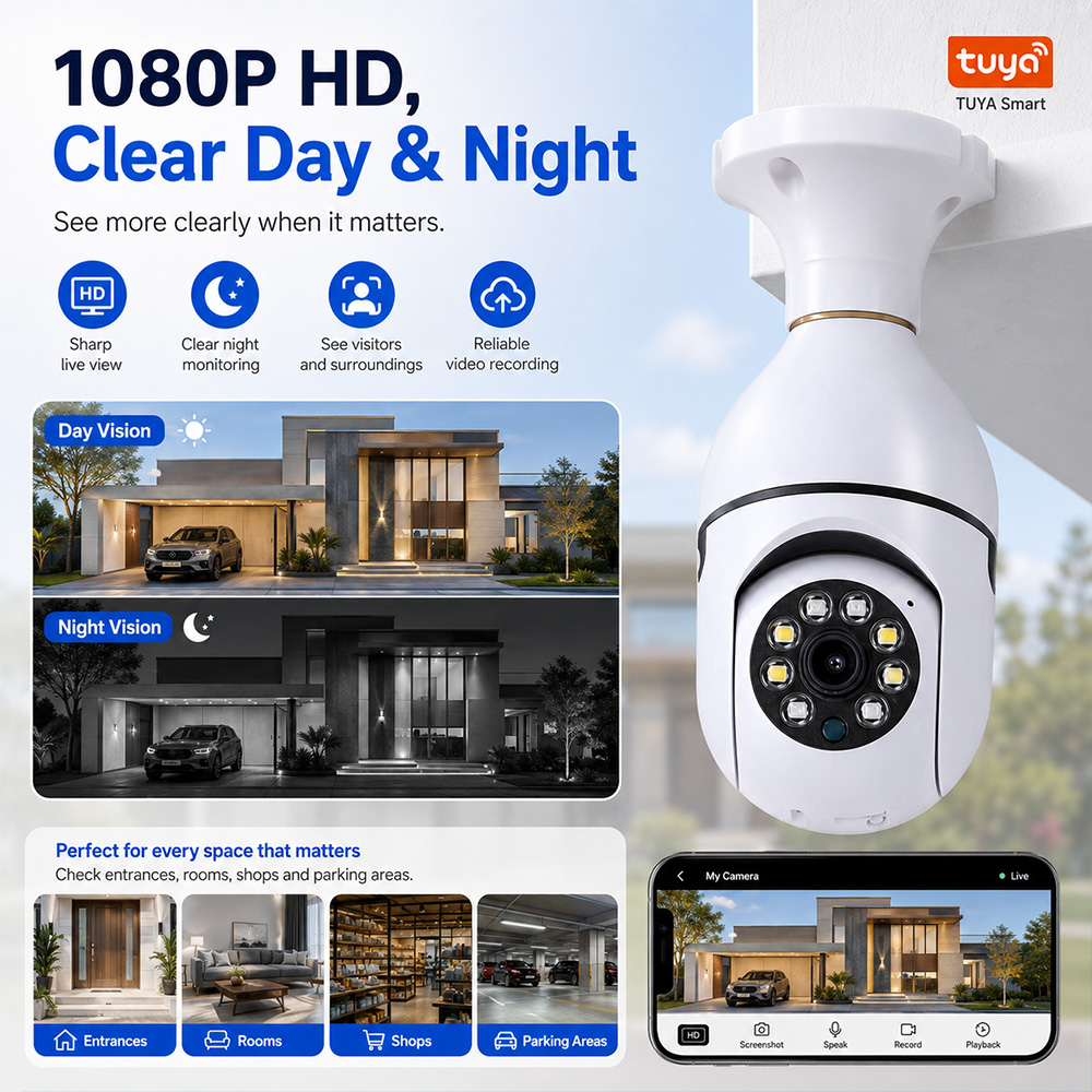 Home Security Kamera - Cámara Bombilla Tuya Inalámbrica con Luz,